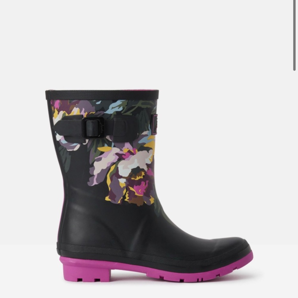 Joules Molly Printed Mid Rain Boot Black Floral